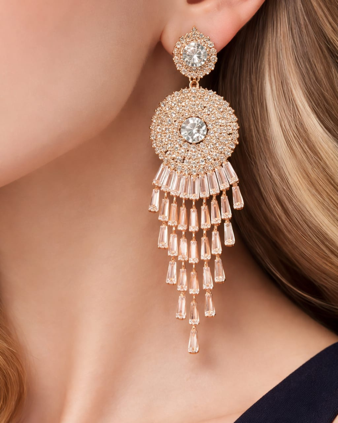 Gold Tassel Drop Earrings | Chandelier Crystal Statement - Image 2