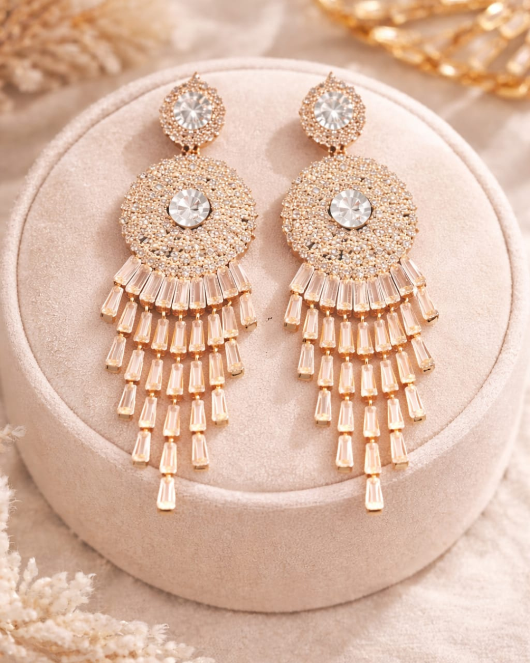 Gold Tassel Drop Earrings | Chandelier Crystal Statement