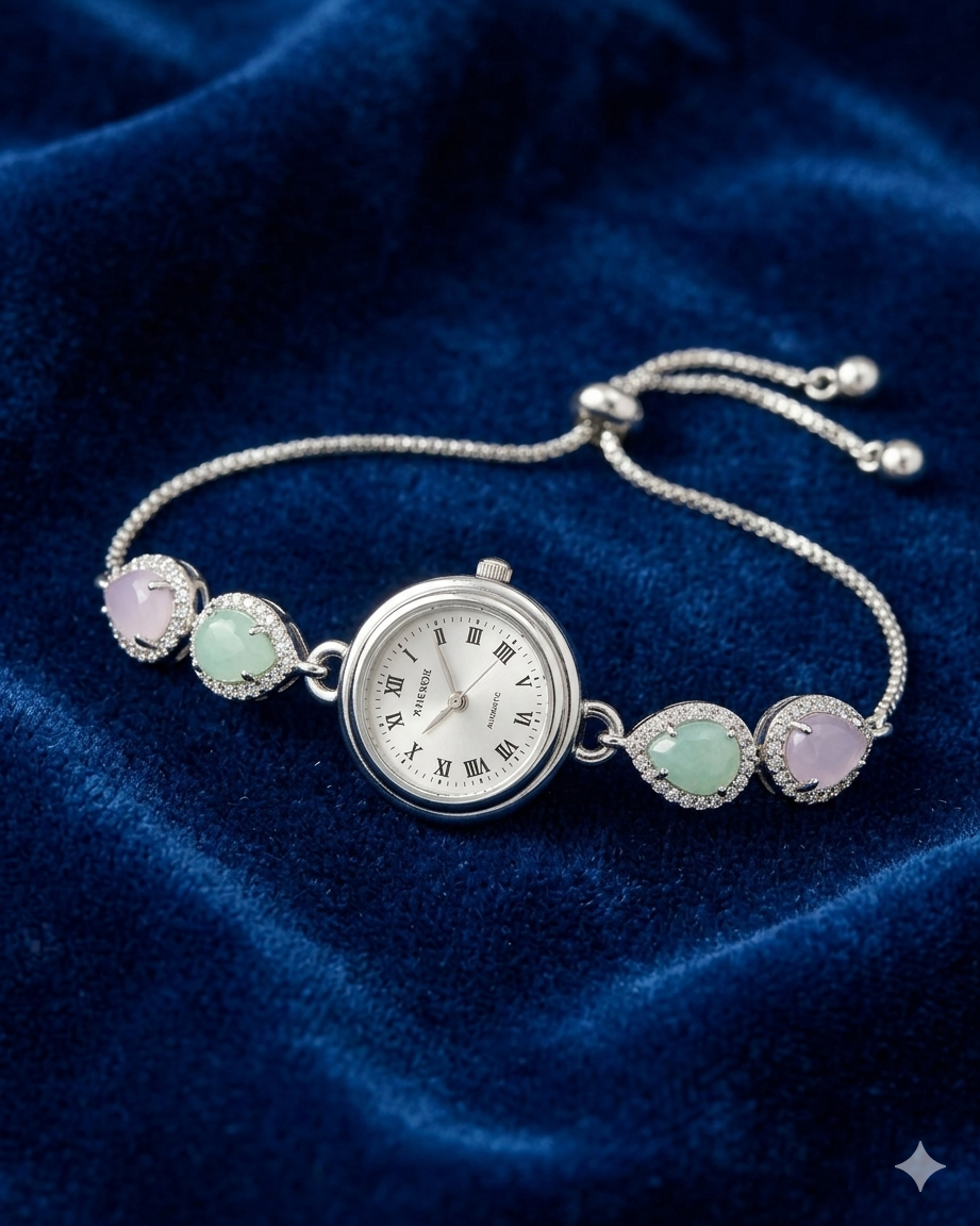 Pastel Stone Bracelet Watch | Silver Adjustable Timepiece