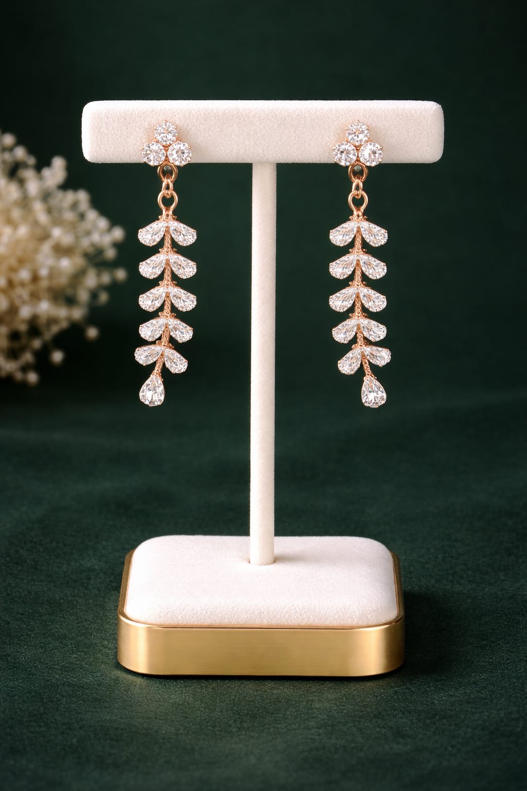 Rose Gold Marquise Drop Earrings | Crystal Leaf Dangles - Image 2
