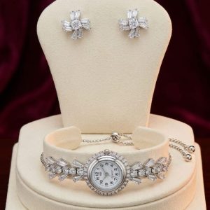 American Diamond Watch and Earring Set | Silver Jewelry Combo