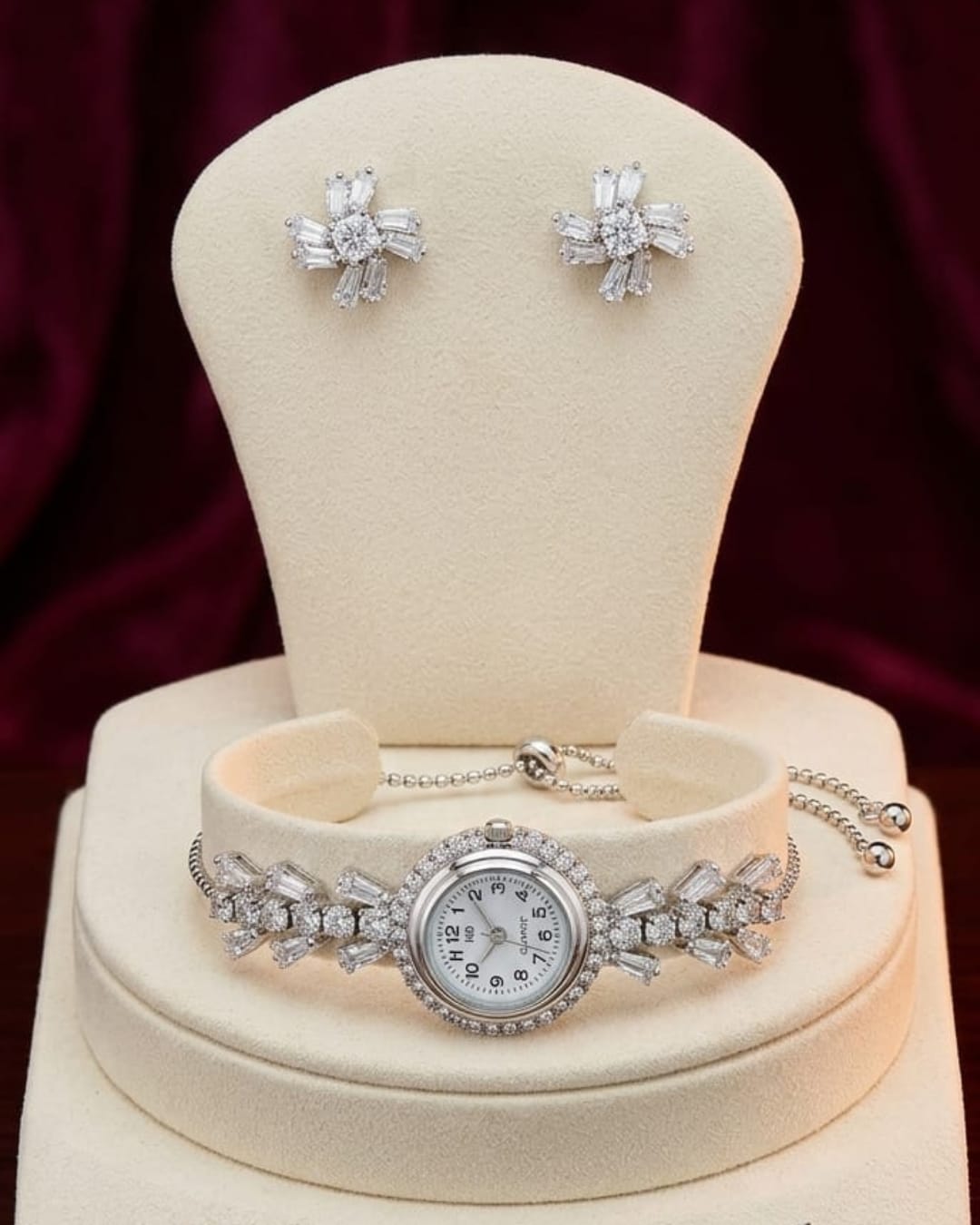 American Diamond Watch and Earring Set | Silver Jewelry Combo