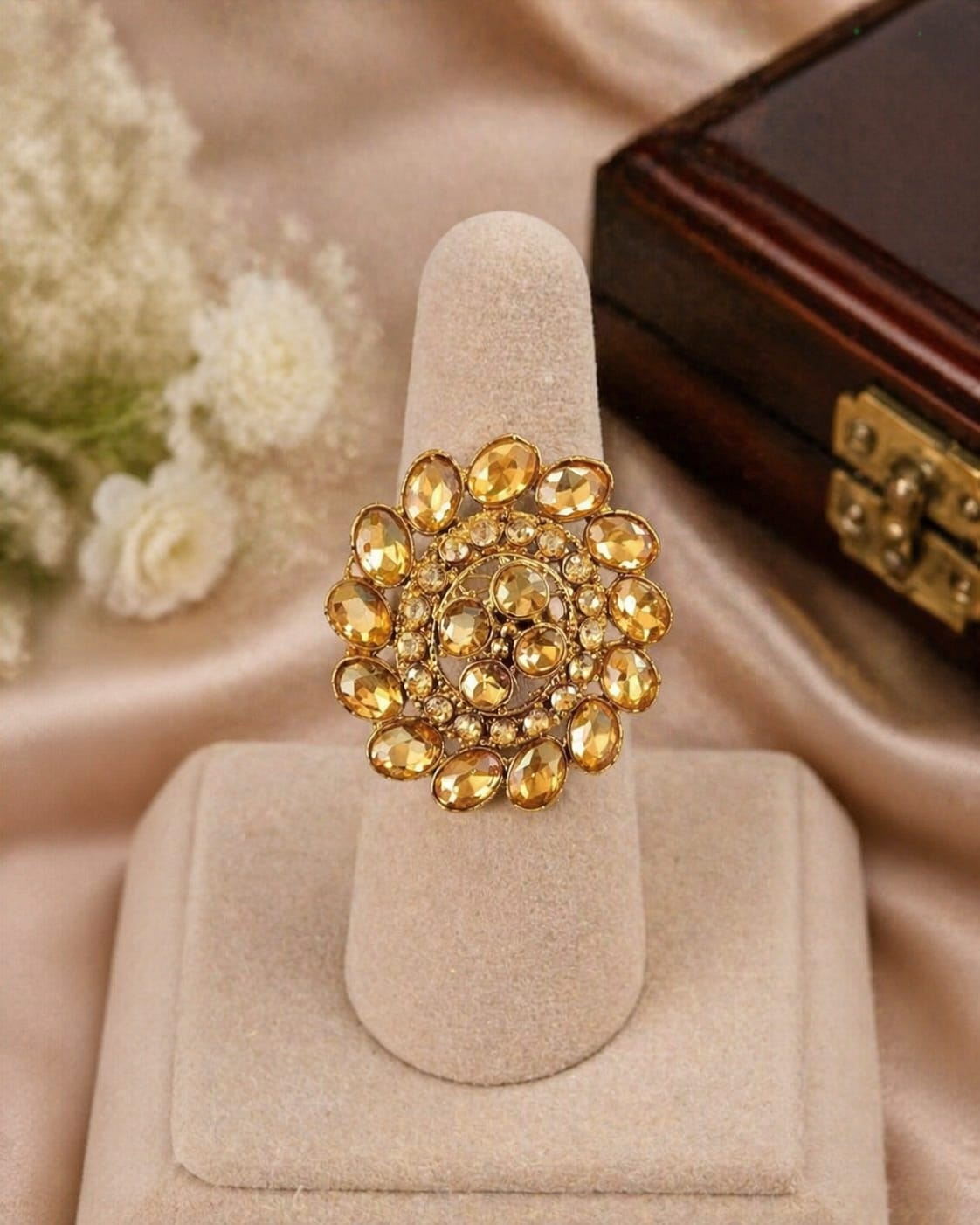 Golden Crystal Statement Ring | Antique Gold Cocktail Ring - Image 2