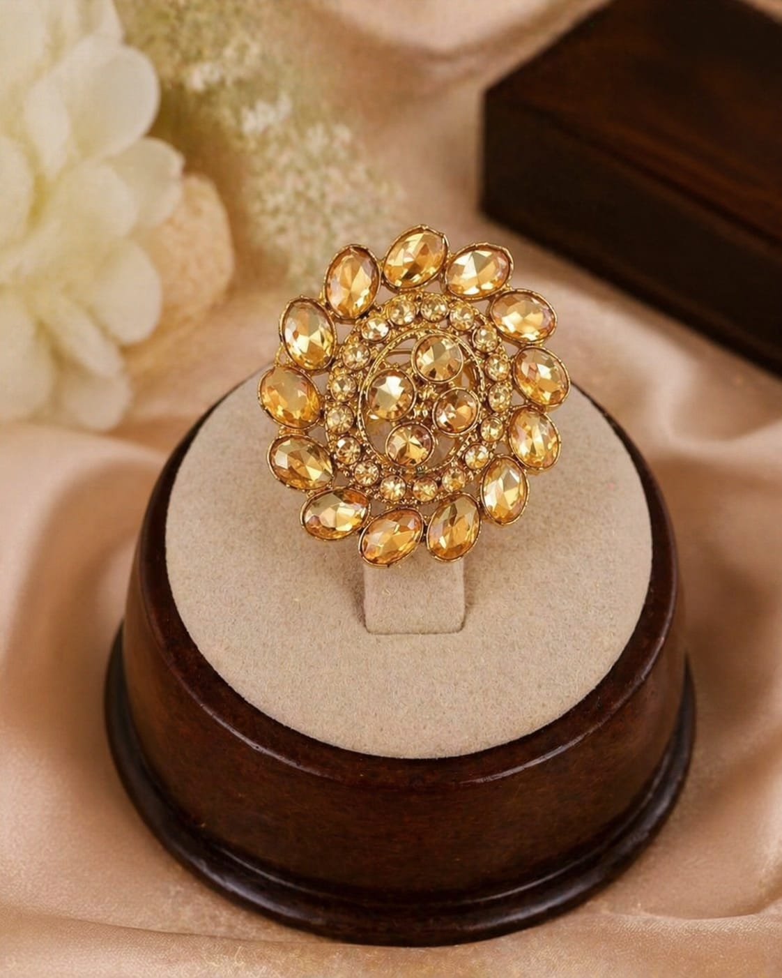 Golden Crystal Statement Ring | Antique Gold Cocktail Ring