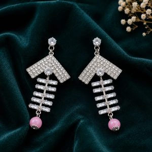 Silver Geometric Chevron Earrings | Crystal Fishbone Drop Earrings