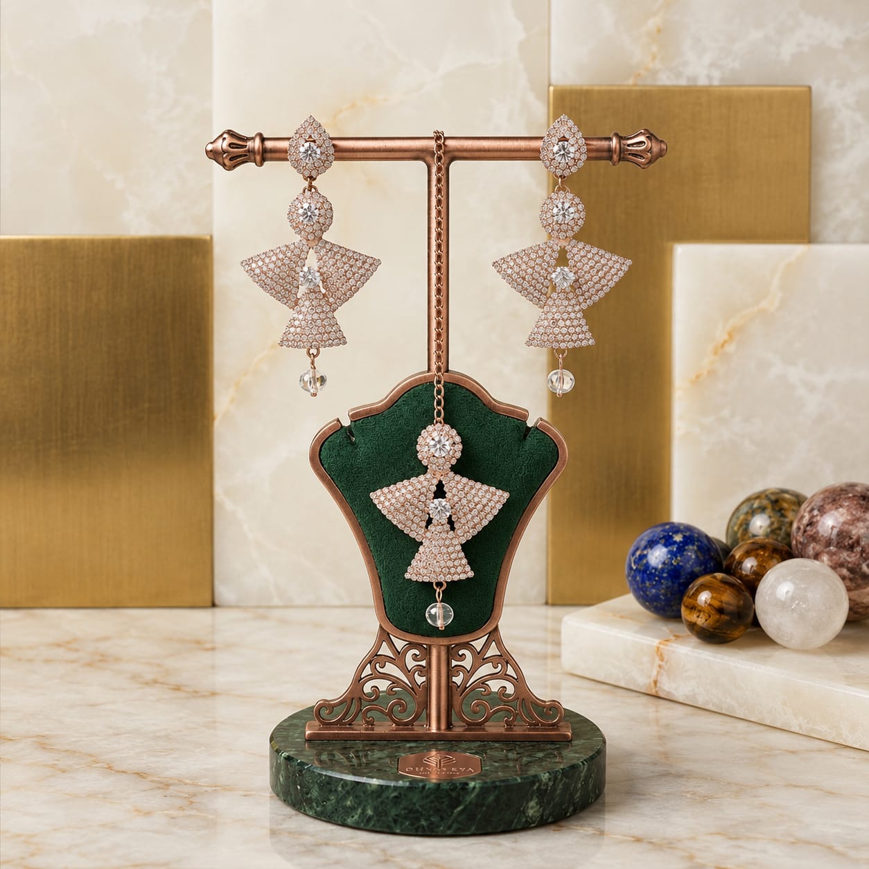 Geometric Maang Tikka Earring Set | Rose Gold Crystal Combo - Image 2
