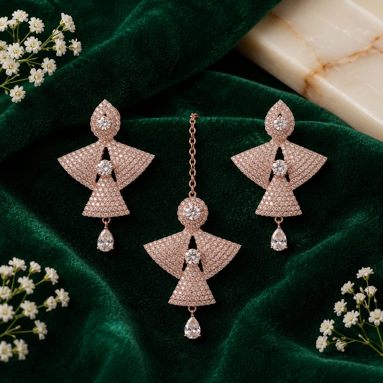 Geometric Maang Tikka Earring Set | Rose Gold Crystal Combo