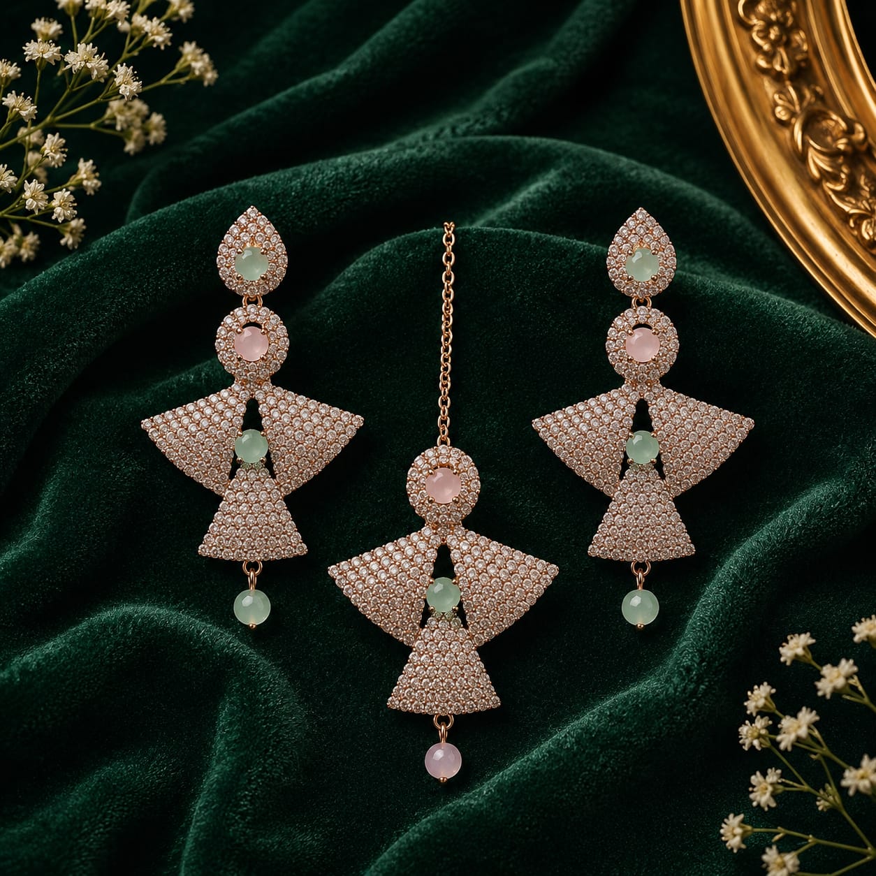 Pastel Maang Tikka Earring Set | Rose Gold Festive Combo - Image 2