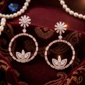 Crystal Lotus Hoop Earrings | Silver Baguette Statement Hoops