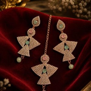 Pastel Maang Tikka Earring Set | Rose Gold Festive Combo