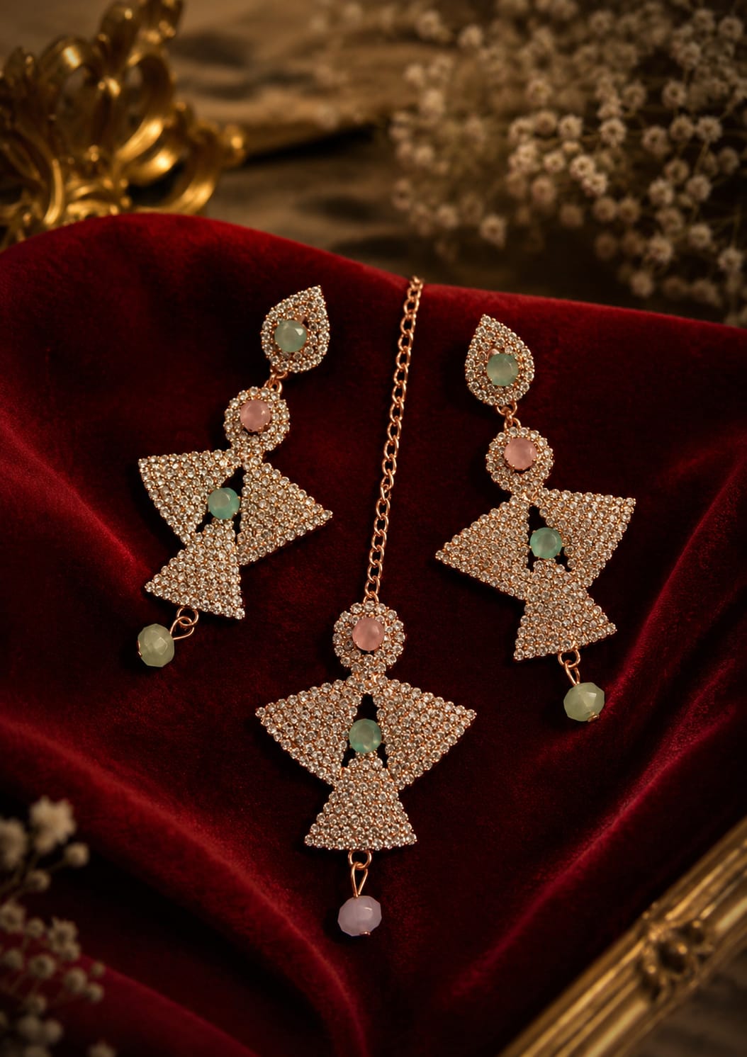 Pastel Maang Tikka Earring Set | Rose Gold Festive Combo