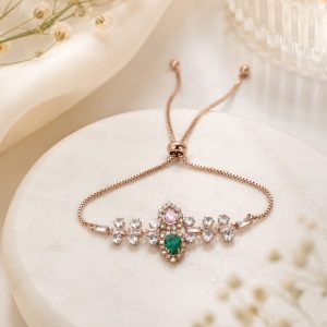 Rose Gold Crystal Charm Bracelet | Emerald Pink Stone Wristlet