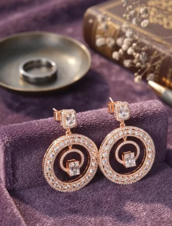 Rose Gold Halo Hoop Earrings | Emerald Cut Crystal Drop Jewelry - Image 2