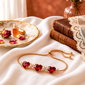 American Diamond Ruby Heart Bracelet in Gold Plated Adjustable Design