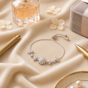 American Diamond Floral Bracelet in Silver Plated Adjustable Design
