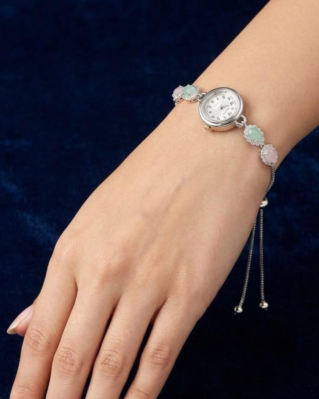 Pastel Stone Bracelet Watch | Silver Adjustable Timepiece - Image 2