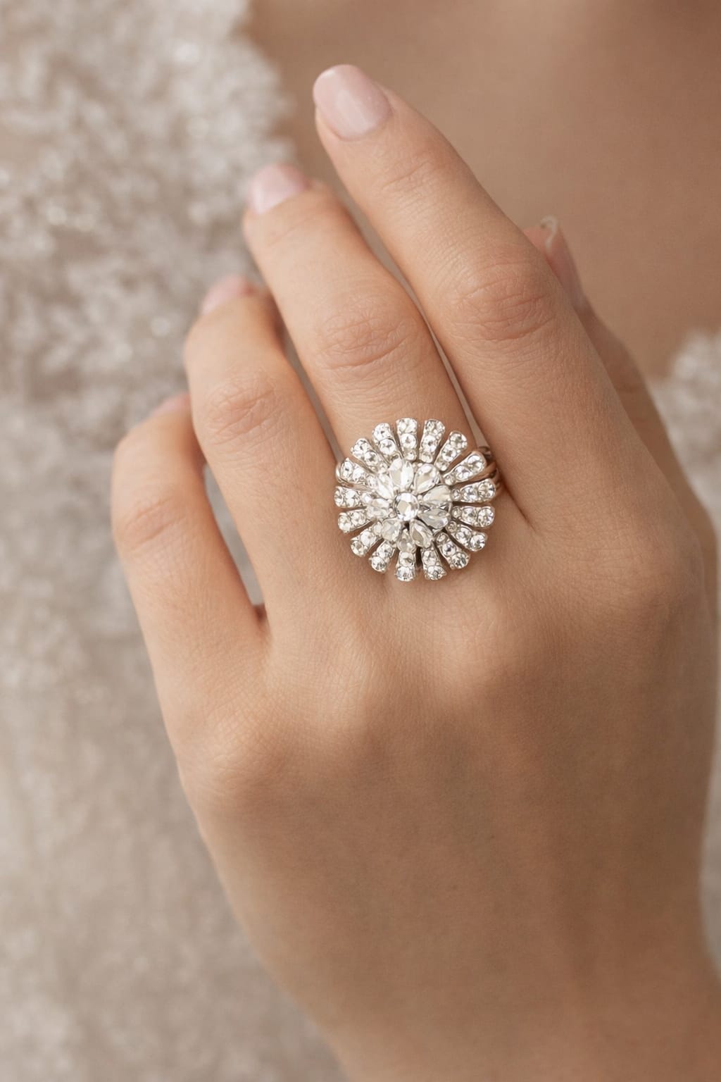 Silver Crystal Cocktail Ring | Clear Stone Statement Ring - Image 2